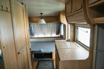 Vacation in camper, caravan. Interrior rooms of Camper caravan car. Holiday on camping