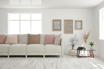 White living room with sofa. Scandinavian interior design. 3D illustration