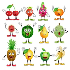 Fotobehang Set of cartoon fruits with hands and legs in sneakers for kids.Cherry, strawberry, dragon fruit, durian, orange, watermelon, lemon, apple, pear, rambutan, pineapple, banana.Vector. © NADEZHDA