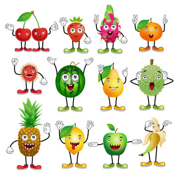 Set of cartoon fruits with hands and legs in sneakers for kids.Cherry, strawberry, dragon fruit, durian, orange, watermelon, lemon, apple, pear, rambutan, pineapple, banana.Vector.