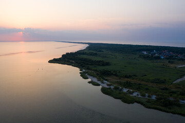 Aerial drone view of sunset in Hel penisula Jastarnia Puck Bay Baltic Sea Poland