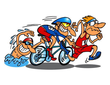 Triathlon racers, swimmer, cyclist and runner holding each other, sport joke, color cartoon