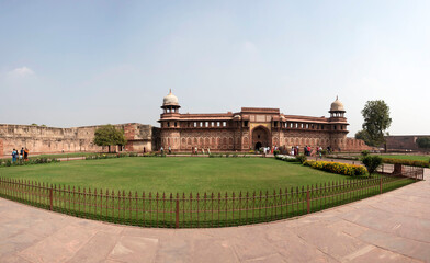Agra / India 25 February 2018 Panoramic View of Jahangiri Mahal ( Palace ) inside The Agra Fort at Agra  Uttar Pradesh  India