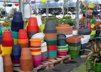 Colorful plastic baskets for plant or flowers, Colored plastic containers, Rainbow colorful plastic pots
