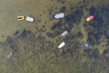Aerial drone view of sunset in Hel penisula Jastarnia Puck Bay Baltic Sea in Poland. Vertical view...