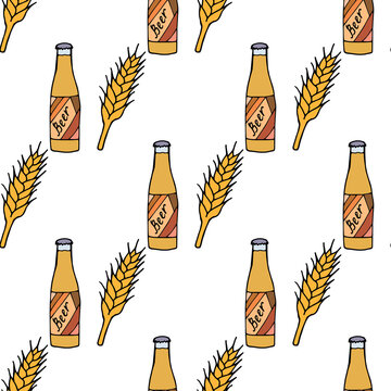 Seamless pattern with creative beer bottle on white background. Vector image.