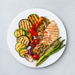 Seasonal summer grilled vegetables and chicken in a pan