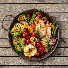 Seasonal summer grilled vegetables and chicken in a pan
