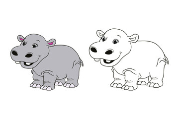 Coloring book for children, gray fat behemoth , hypopotamus. Vector illustration in cartoon style, isolated line art
