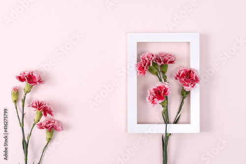 Concept of Mother's day holiday greeting with carnations bouquet on pink background