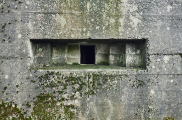 A brutalist cold gritty concrete world war two, ww2, pillbox war bunker gun hole in a defence fortress, in a dirty forgotten woodland in europe. wartime relics and forgotten outpost