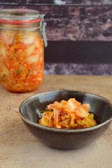Kimchi, traditional Korean food, fermented Napa cabbage and radish with seasoning