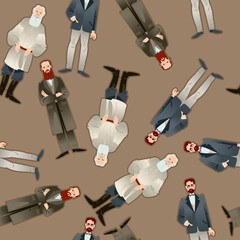 History of Russia. Famous Russian writers. Leo Tolstoy, Fyodor Dostoevsky, Anton Chekhov. Seamless background pattern.