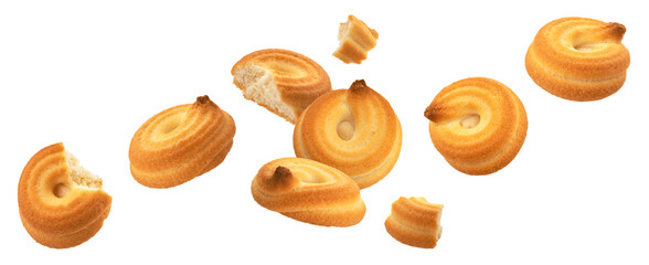 Falling biscuit swirl, spiral cookies isolated on white background