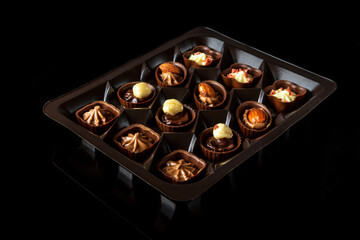Candy with cream and nuts. Assorted chocolate on black isolated background. Idea for dessert in restaurant