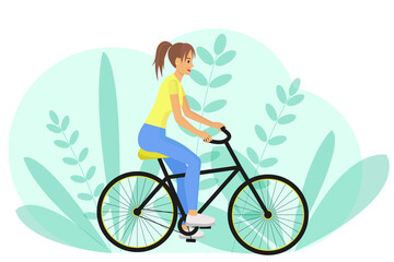 Girl rides bike. Side view, woman riding bike. Do sport. Rest nature. Cartoon 