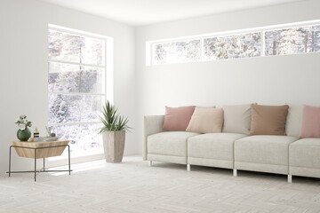 White living room with sofa and winter landscape in window. Scandinavian interior design. 3D illustration