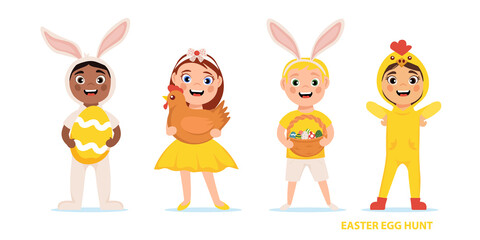 Cute kids in carnival costumes for Easter Egg Hunt. Boys and girls characters in Easter bright color dresses. Cartoon style vector illustration.
