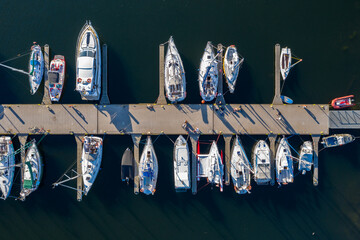 Aerial view of marina in Jastarnia. Hel peninsula harbor in Puck Bay Baltic Sea Poland drone