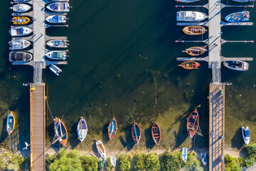 Aerial view of marina in Jastarnia. Hel peninsula harbor in Puck Bay Baltic Sea Poland drone