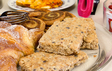 Dish of assorted cakes on a breakfast table