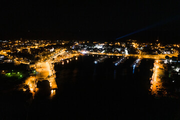 Night aerial view of marina in Jastarnia. Hel peninsula harbor in Puck Bay Baltic Sea Poland drone....