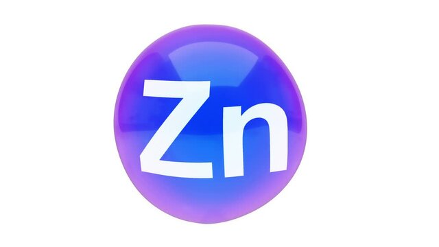 3D animation of a bubble sphere mineral Zn zinc floating on a white background with alpha layer