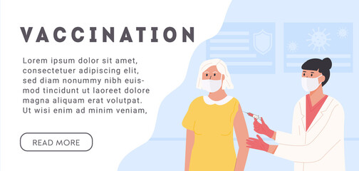 Elderly woman wearing face medical mask. Female nurse or doctor holding syringe with vaccine jab. Covid Coronavirus Vaccination Campaign. Web Banner with caption. Vector flat illustration.