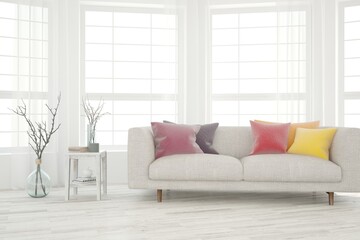 White living room with sofa. Scandinavian interior design. 3D illustration