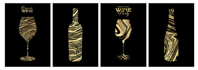 Set of design templates with wine glass and bottle illustration. Creative and artistic background texture with lines that simulate the skin of a grape vine.