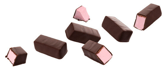 Chocolate candies with strawberry souffle isolated on white background