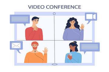 Video conference. People communicate via video communication. Vector illustration in cartoon style.