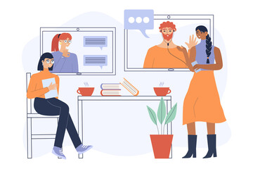 Video conference. People communicate via video communication in the office. Vector illustration.