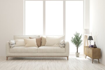 White living room with sofa. Scandinavian interior design. 3D illustration