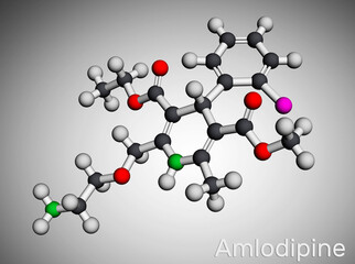 Amlodipine molecule. It is vasodilator, antihypertensive drug group of dihydropyridine calcium channel blockers. Used in the treatment of high blood pressure, angina. Molecular model. 3D rendering