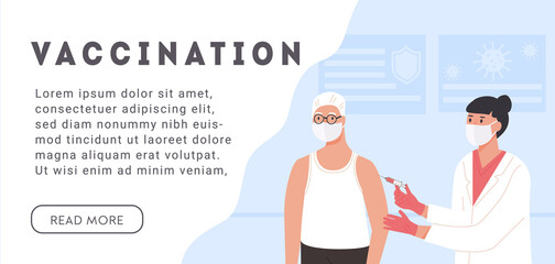 Web Banner for Covid Vaccination Campaign. Female nurse or doctor holding syringe with vaccine jab. Elderly man wearing face mask. Coronavirus. Vector flat illustration with place for text.
