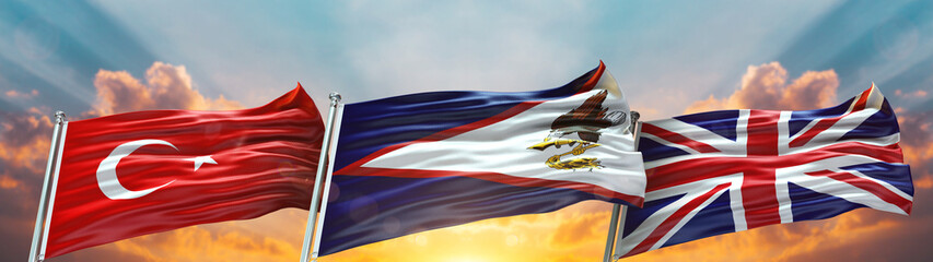 Turkey  Flag and United Kingdom flag and American Samoa Flag waving with texture sky Cloud and...