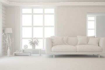 White minimalist living room with sofa. Scandinavian interior design. 3D illustration