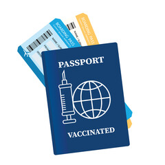 Vector passport vaccinated with tickets. Air travel concept. Flat Design citizenship ID for traveler isolated. Blue international document