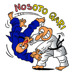 Judo player holds an opponent's nose and kimono and puts him on Tatami by Nosoto Gari, sport humor, color cartoon