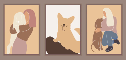 Set of abstract posters with people and their dogs. Minimalism. Vector illustration.