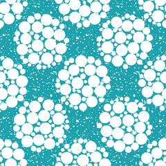 Abstract snowball seamless vector pattern background. White circles within large circular shapes on aqua blue frosted backdrop.Modern snow geometric design with grunge texture effect. Winter repeat