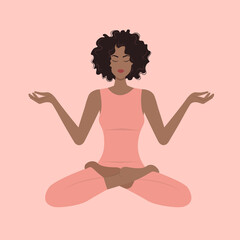 Vector illustrationPeople, ethnicity, yoga and meditation concept. Young beautiful dark skinned woman is engaged in yoga, the woman is relaxing. Dark skinned woman in pink clothes on a pink background
