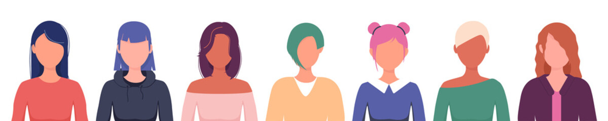 Set of beautiful young girls with various creative modern hairstyle, isolated on white background. Different types of female hair styles. Women's faces in flat style. Vector illustration