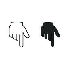 Line and glyph backhand index pointing down icon. Simple solid and outline style. Hand, down, arrow, finger concept. Vector illustration isolated on white background. EPS 10 - obrazy, fototapety, plakaty