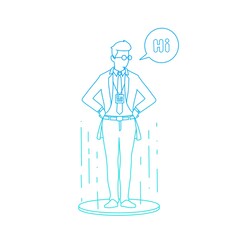 Hologram of a man with a greeting. Hand drawing projection. 