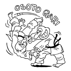 Judo players fighting and throwing each other on a tatami with Osoto Gari, sports joke, black and white cartoon