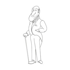 A vector illustration of a gentleman in a tuxedo and a bow tie with a walking stick isolated on white background. Designed in a retro style for prints, wraps, as a coloring page for adults and kids.