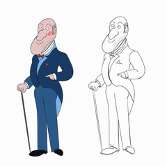A jpeg illustration of two gentlemen in a tuxedo and a bow tie with a walking stick isolated on white background. Designed in a retro style for prints, wraps, as a coloring page for adults and kids.