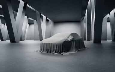 Abstract interior design for a modern showroom. 3D rendering of a new car covered with a cloth on the floor with concrete corridor background.